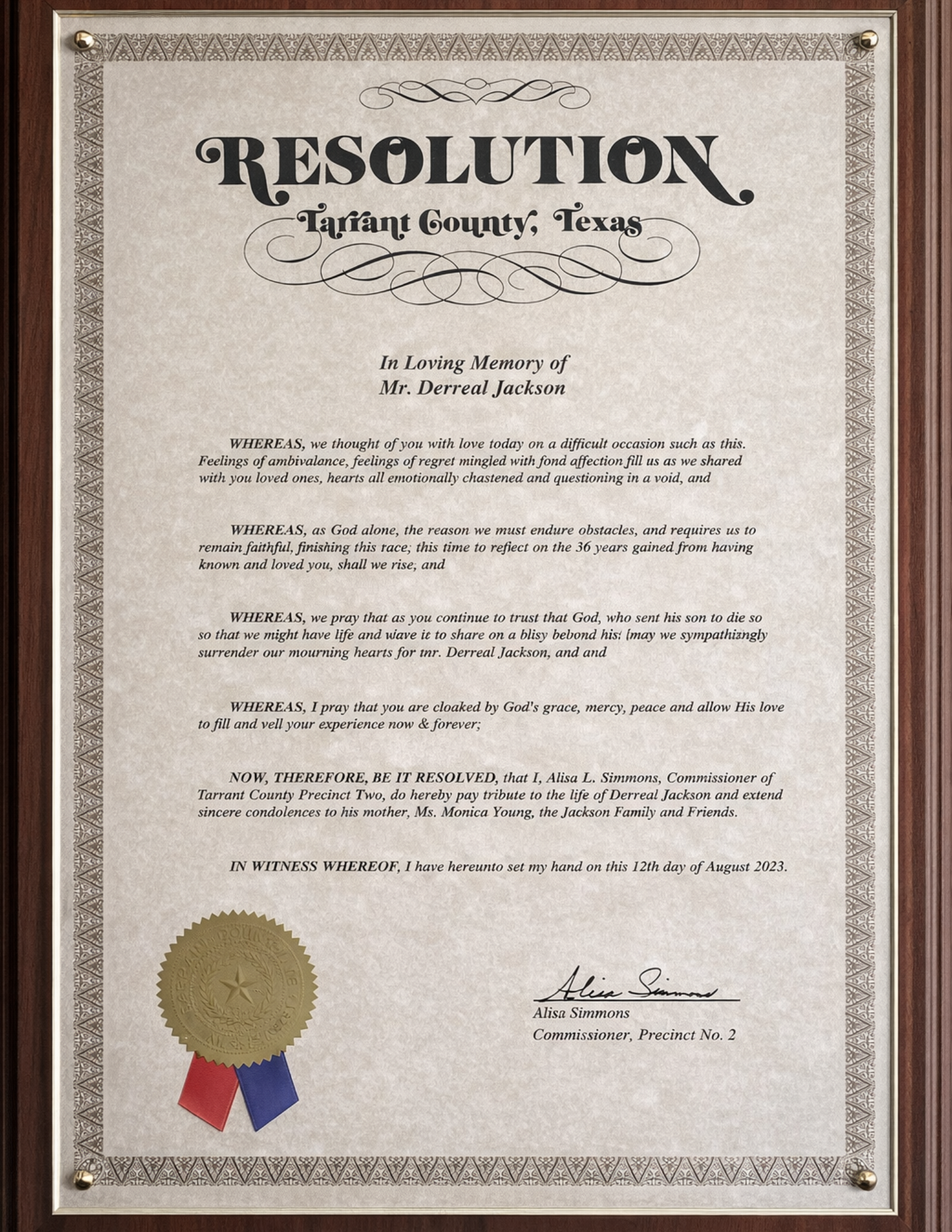 Tarrant County Resolution honoring Derreal Jackson